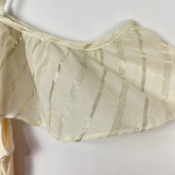 LOFT | NWT Cream & Metallic Gold Stripe Ruffle Accent Cold Shoulder Knit Shirt - Picture 6 of 11